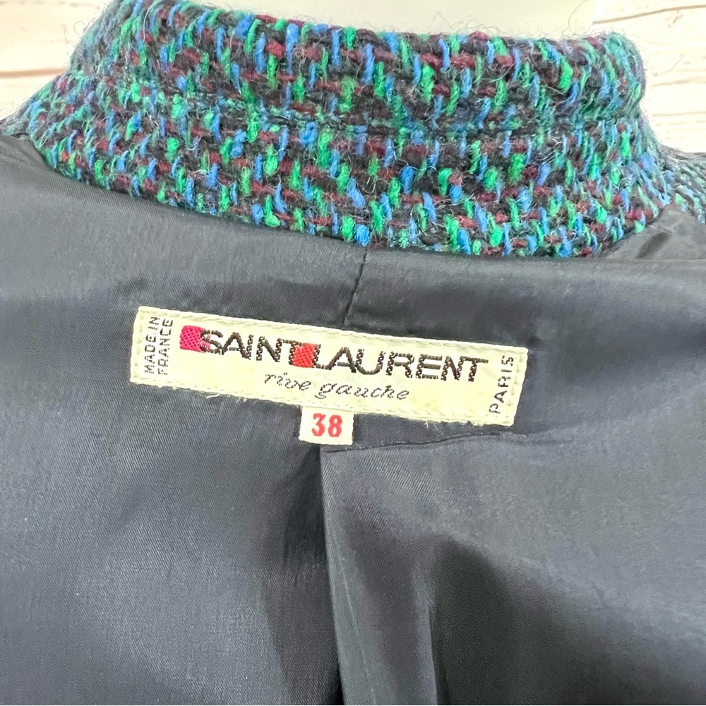 Vintage 80s 90s Saint Laurent Rive Gauche Teal Confetti Tweed Herringbone Blazer - Picture 9 of 11